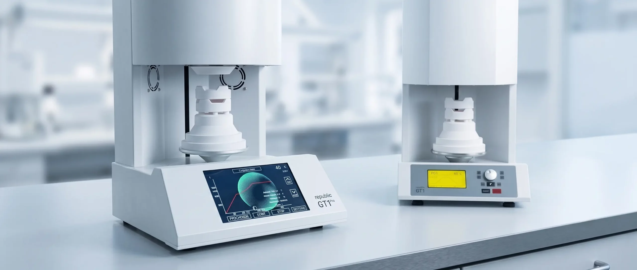 Zwei Sinteröfen für Dentallabore, der vordere mit Touchscreen-Display das Modell GT1 pro und GT1 basic, in einer modernen Laborumgebung.