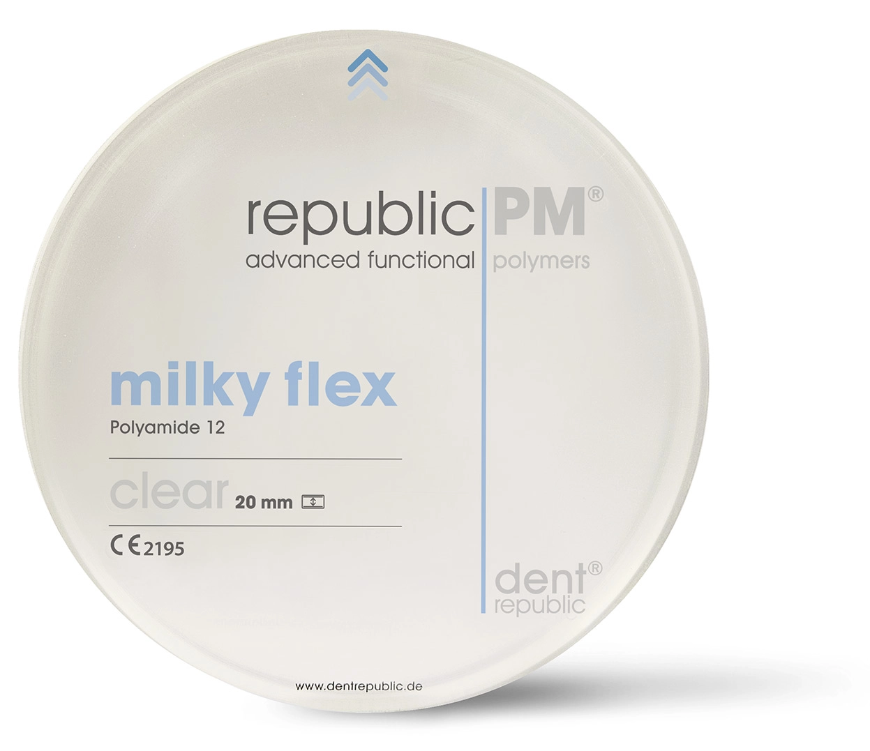 Flexibler Polyamid-12-Fräsrohling republic PM milky flex für elastische dentale Schienen und Prothesen.