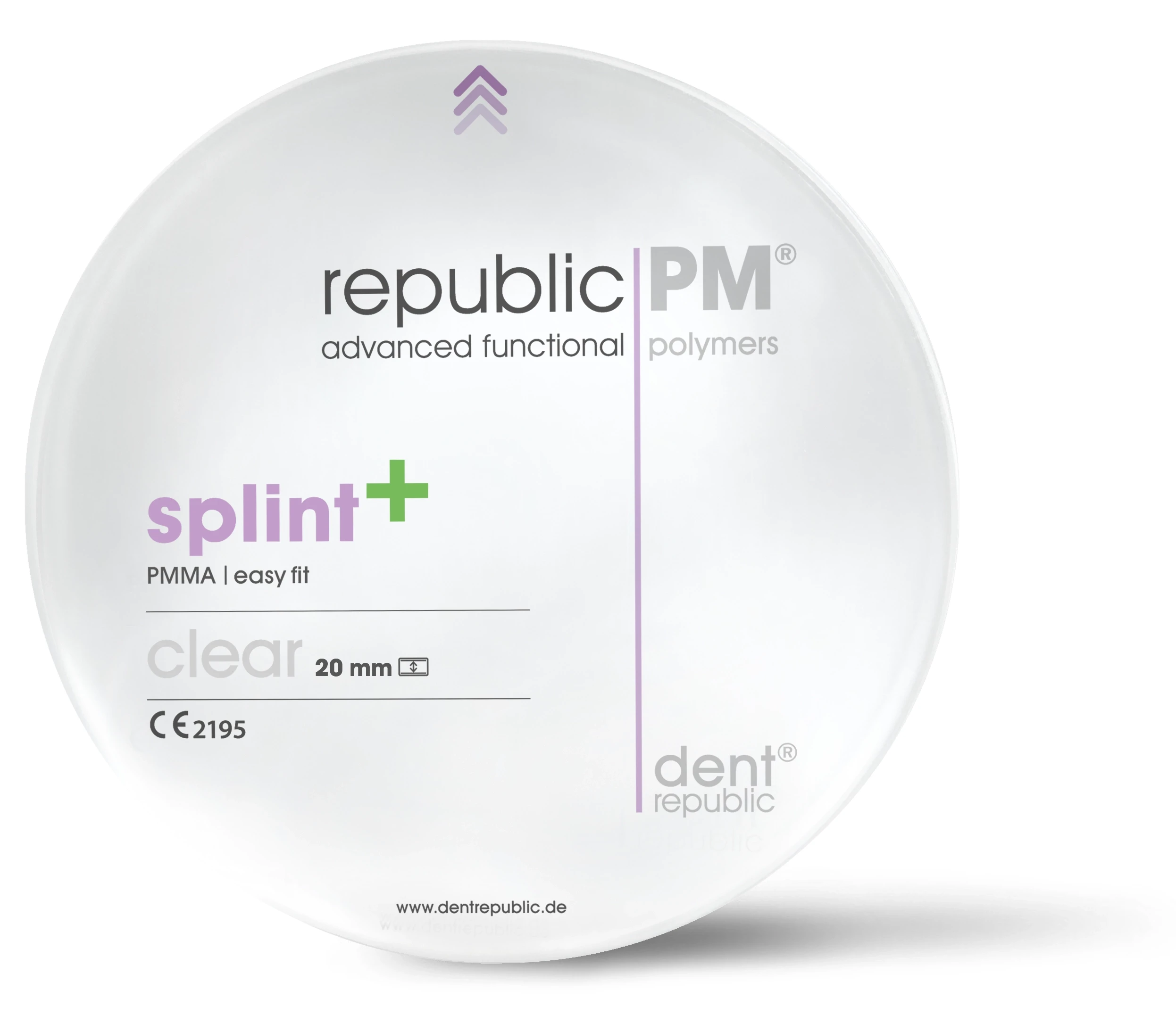 Transparenter PMMA-Fräsrohling republic PM splint+ easy fit für dentale Aufbissschienen.