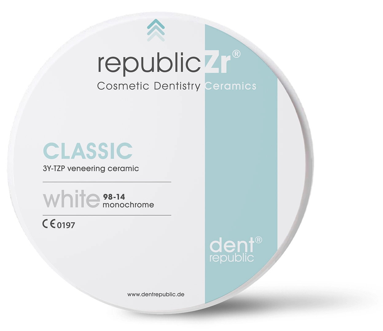 Weißer Zirkonoxid-Fräsrohling republicZr Classic 3Y-TZP für die Verblendkeramik im Dentallabor.