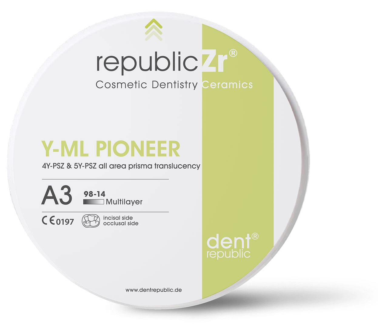 Hochtransluzenter Zirkonoxid-Rohling republicZr Y-ML Pioneer Multilayer für ästhetische Zahnkronen und Brücken.