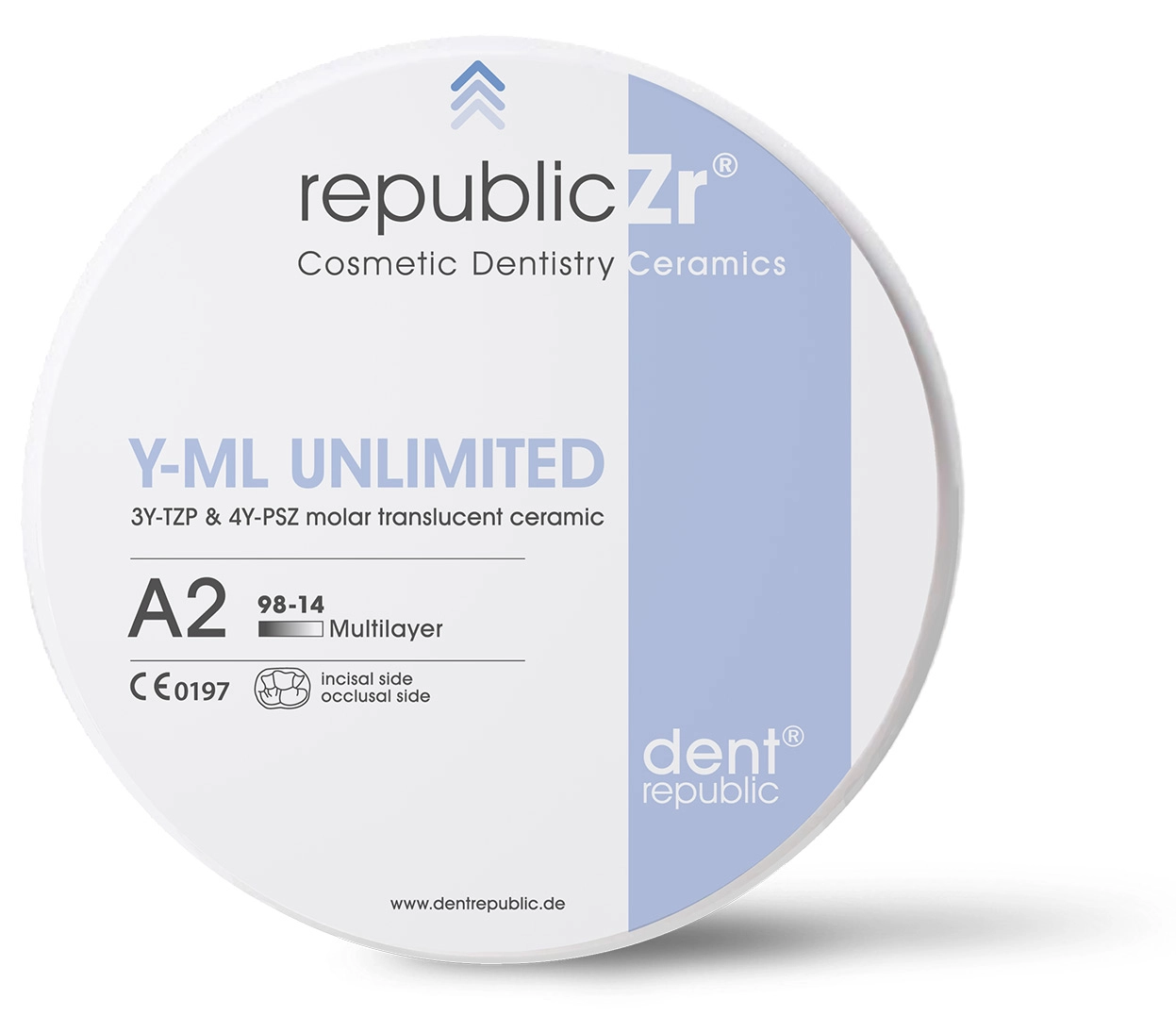 Mehrschichtiger Zirkonoxid-Fräsrohling republicZr Y-ML Unlimited für transluzente dentale Restaurationen.