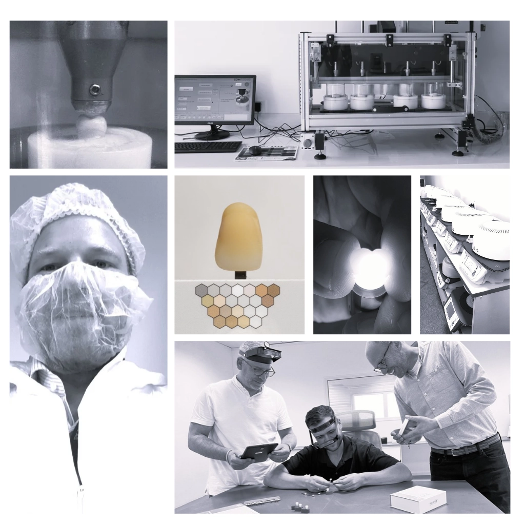 Kollage zur dentalen Entwicklung: Zahntechniker im Reinraum, Qualitätsprüfung von Zahnkronen, Prüfgeräte und Team bei der Materialanalyse.